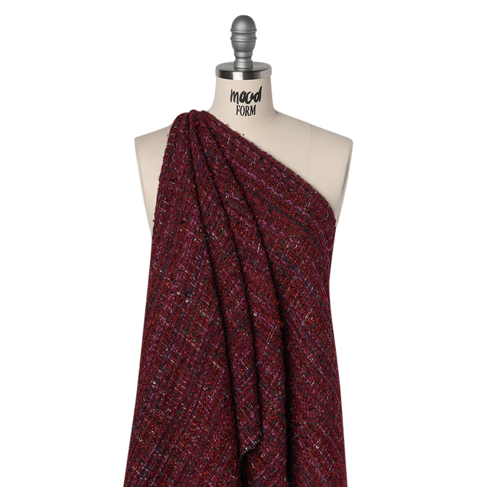 Polyester and Wool Blend Tweed with Eyelash Fringe - Burgundy, Fuchsia and Black Drape