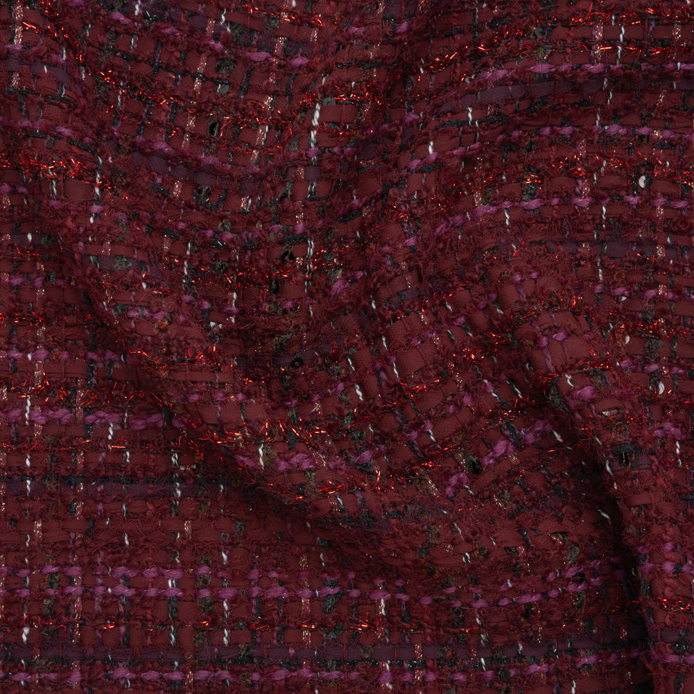Polyester and Wool Blend Tweed with Eyelash Fringe - Burgundy, Fuchsia and Black
