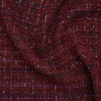 Polyester and Wool Blend Tweed with Eyelash Fringe - Burgundy, Fuchsia and Black