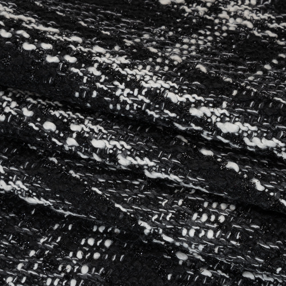 Metallic Polyester and Cotton Twill Tweed - Black and White Plaid Folded