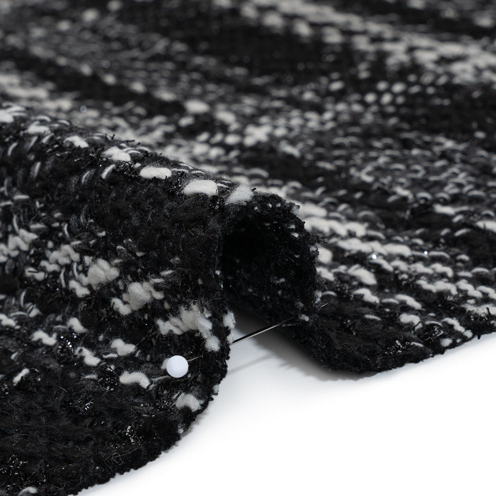 Metallic Polyester and Cotton Twill Tweed - Black and White Plaid Detail