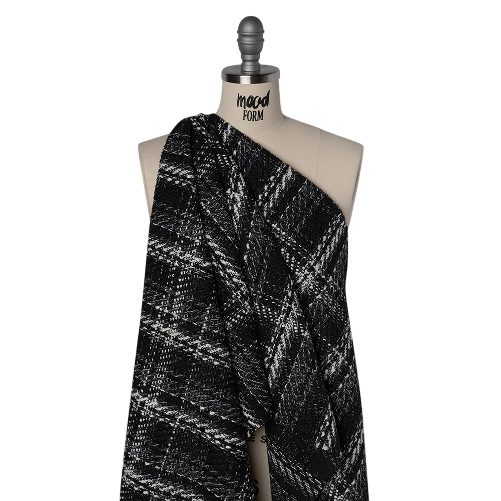 Metallic Polyester and Cotton Twill Tweed - Black and White Plaid Drape