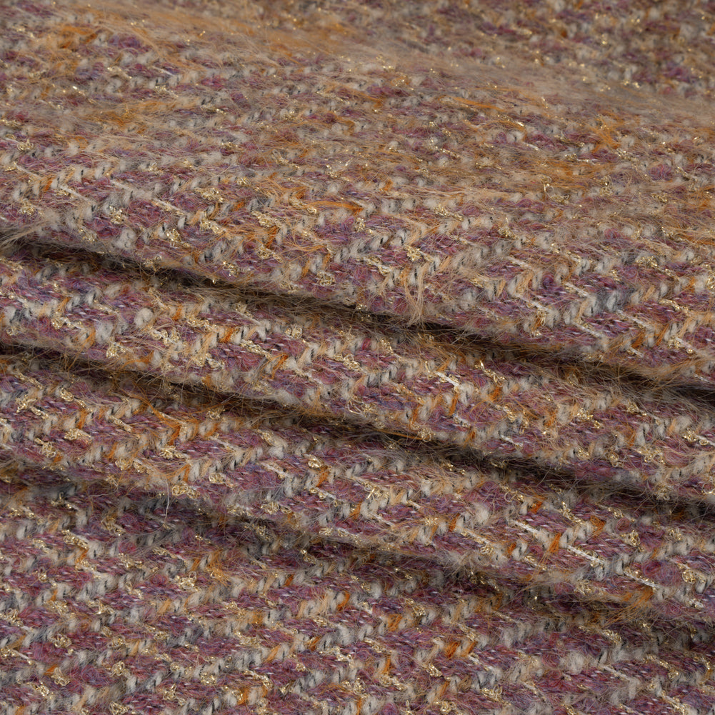 Fuzzy Polyester and Wool Blend Woven Metallic Tweed - Beige, Pink and Gold Folded