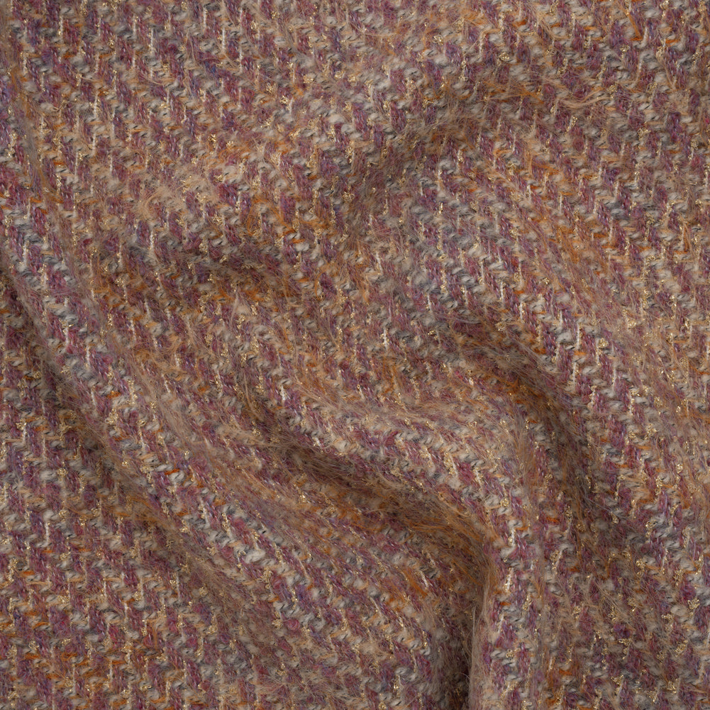 Fuzzy Polyester and Wool Blend Woven Metallic Tweed - Beige, Pink and Gold