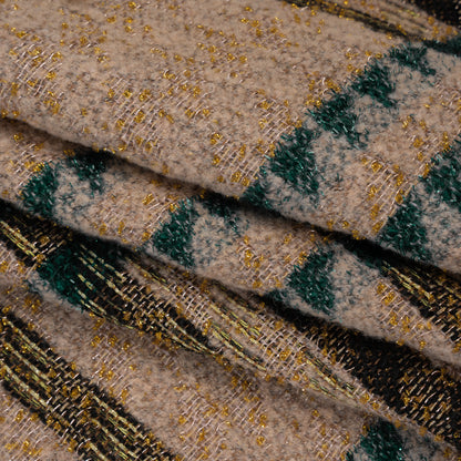 Metallic Wool and Polyester Tweed - Beige, Green and Gold Graphic Plaid Folded