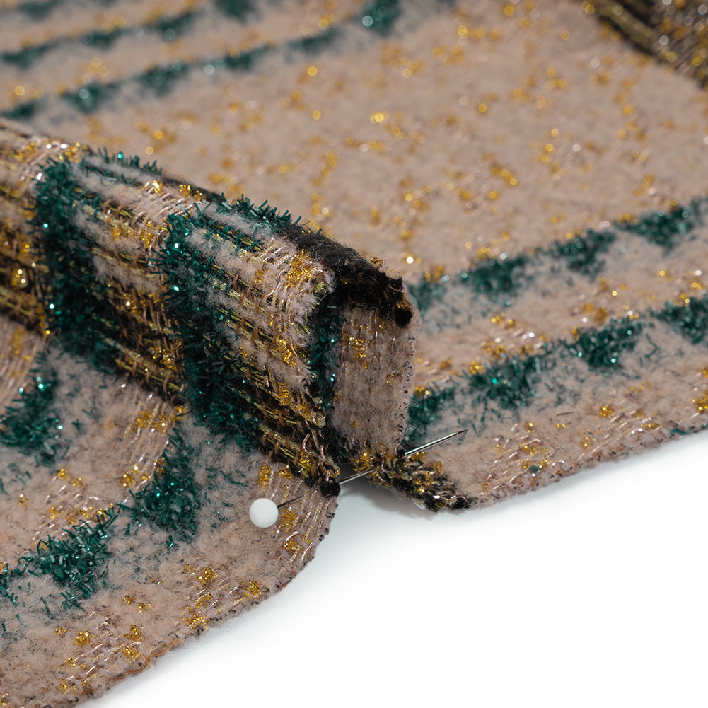 Metallic Wool and Polyester Tweed - Beige, Green and Gold Graphic Plaid Detail