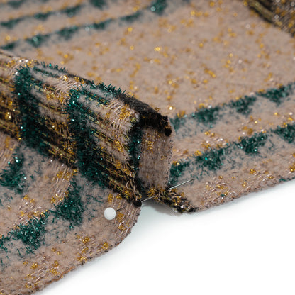 Metallic Wool and Polyester Tweed - Beige, Green and Gold Graphic Plaid Detail