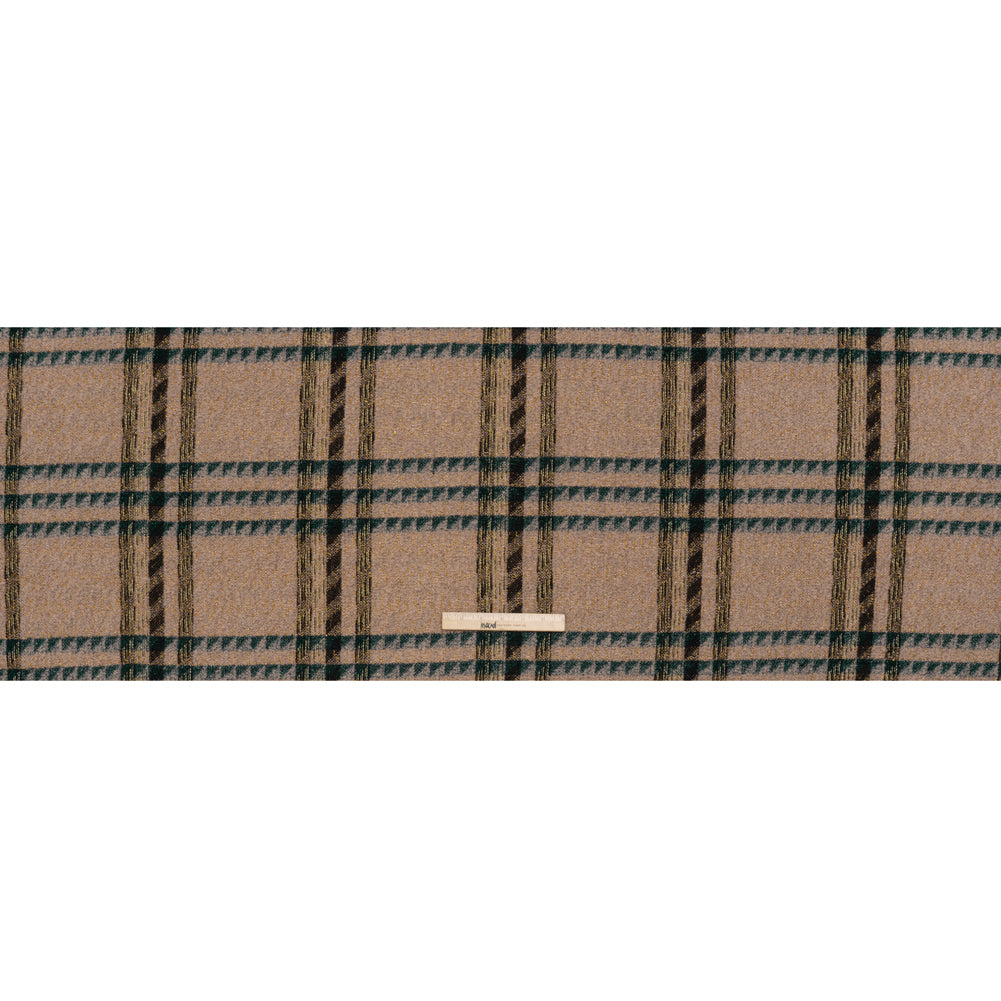 Metallic Wool and Polyester Tweed - Beige, Green and Gold Graphic Plaid - Full