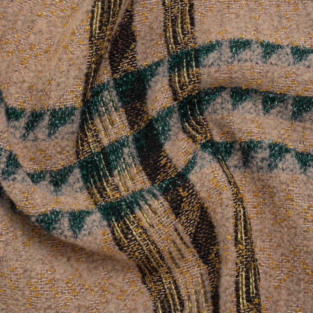 Metallic Wool and Polyester Tweed - Beige, Green and Gold Graphic Plaid