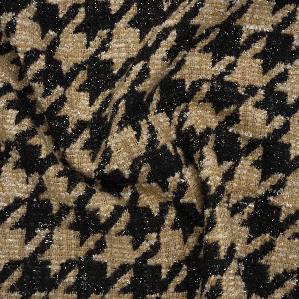 Metallic Polyester and Wool Blend Tweed - Beige and Black Houndstooth