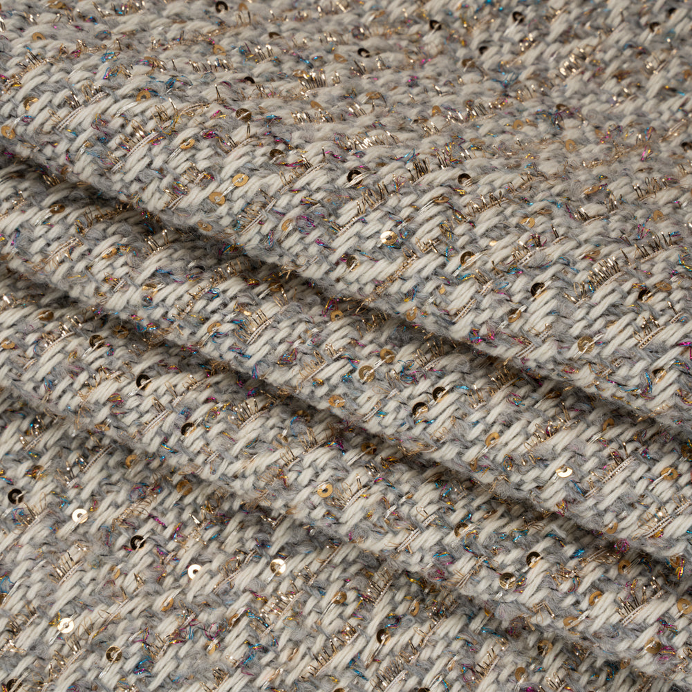 Metallic Polyester and Wool Tweed Twill with Baby Sequins - Off White, Gray and Gold Diamonds Folded
