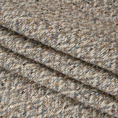 Metallic Polyester and Wool Tweed Twill with Baby Sequins - Off White, Gray and Gold Diamonds Folded