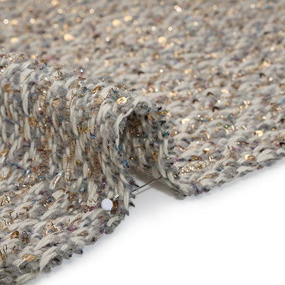 Metallic Polyester and Wool Tweed Twill with Baby Sequins - Off White, Gray and Gold Diamonds Detail
