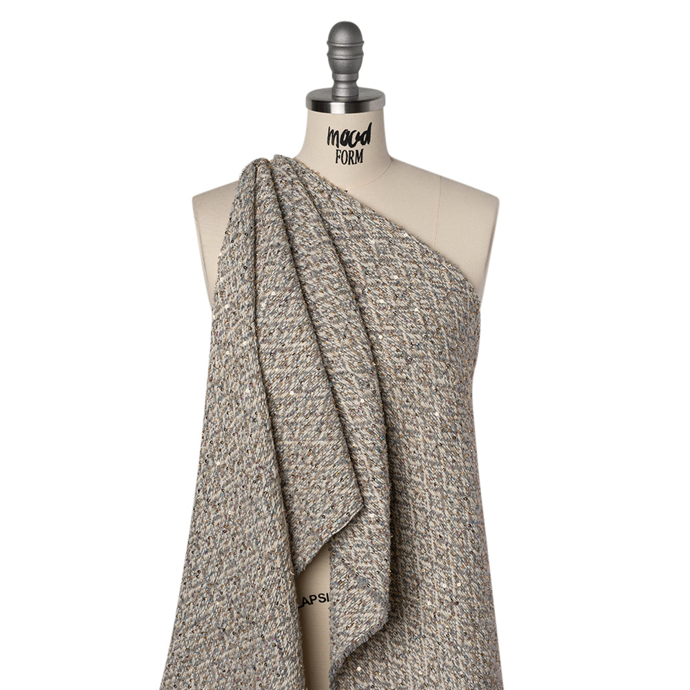 Metallic Polyester and Wool Tweed Twill with Baby Sequins - Off White, Gray and Gold Diamonds Drape
