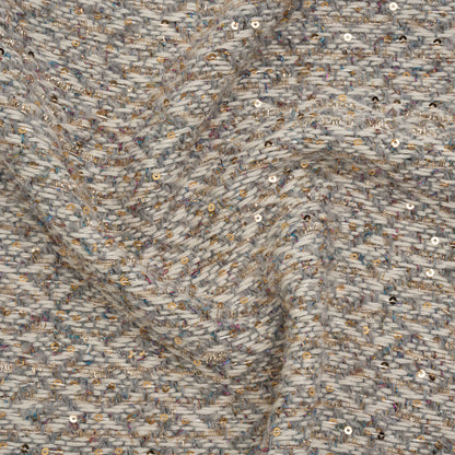Metallic Polyester and Wool Tweed Twill with Baby Sequins - Off White, Gray and Gold Diamonds