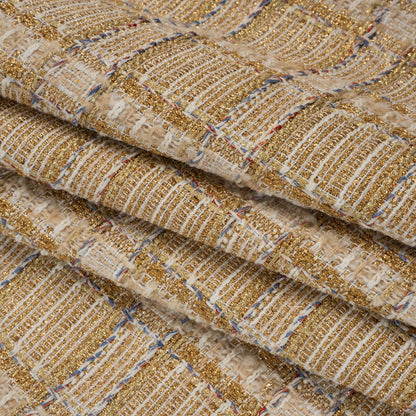 Metallic Polyester and Wool Tweed - Gold, Beige and Light Blue Subtle Plaid Folded