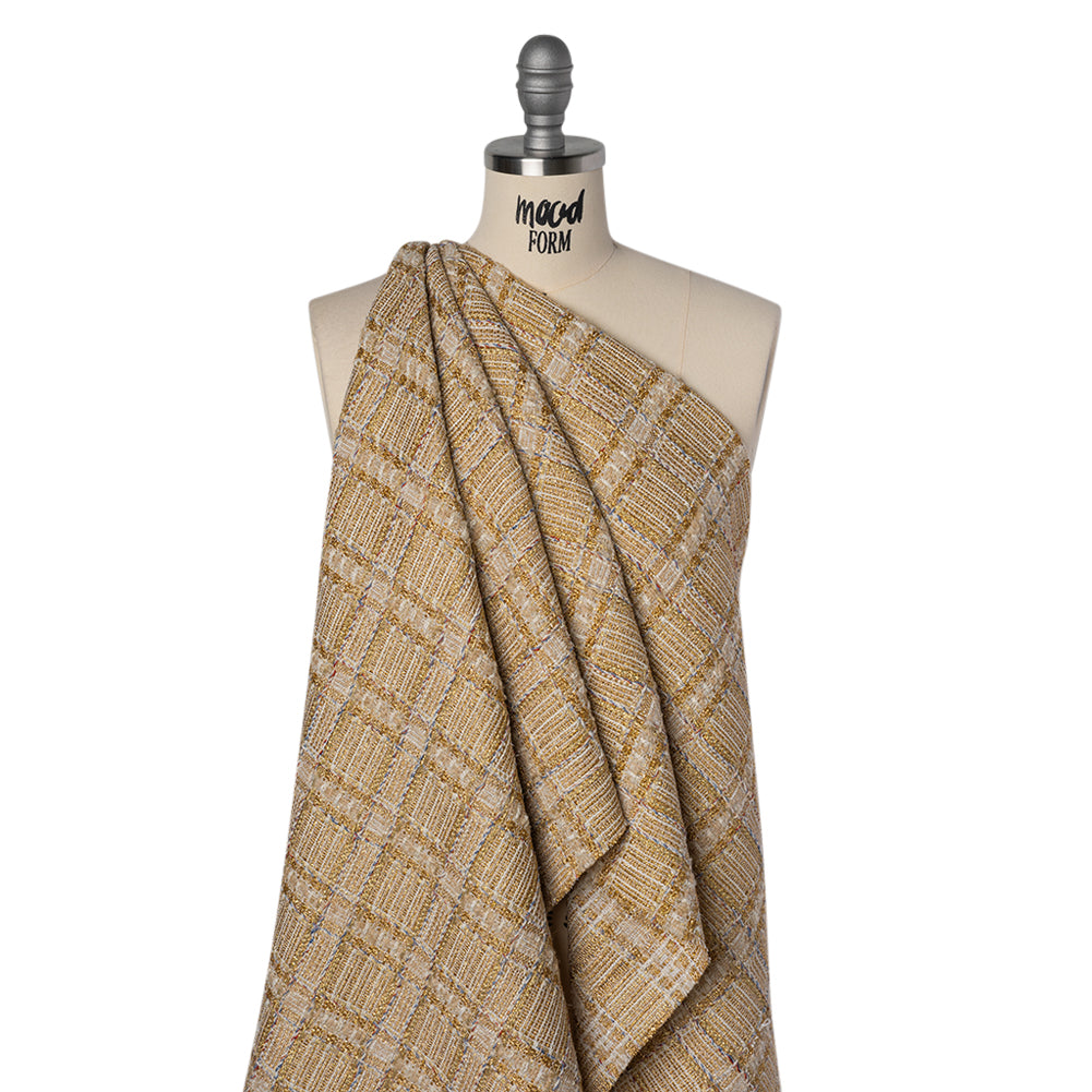 Metallic Polyester and Wool Tweed - Gold, Beige and Light Blue Subtle Plaid Drape