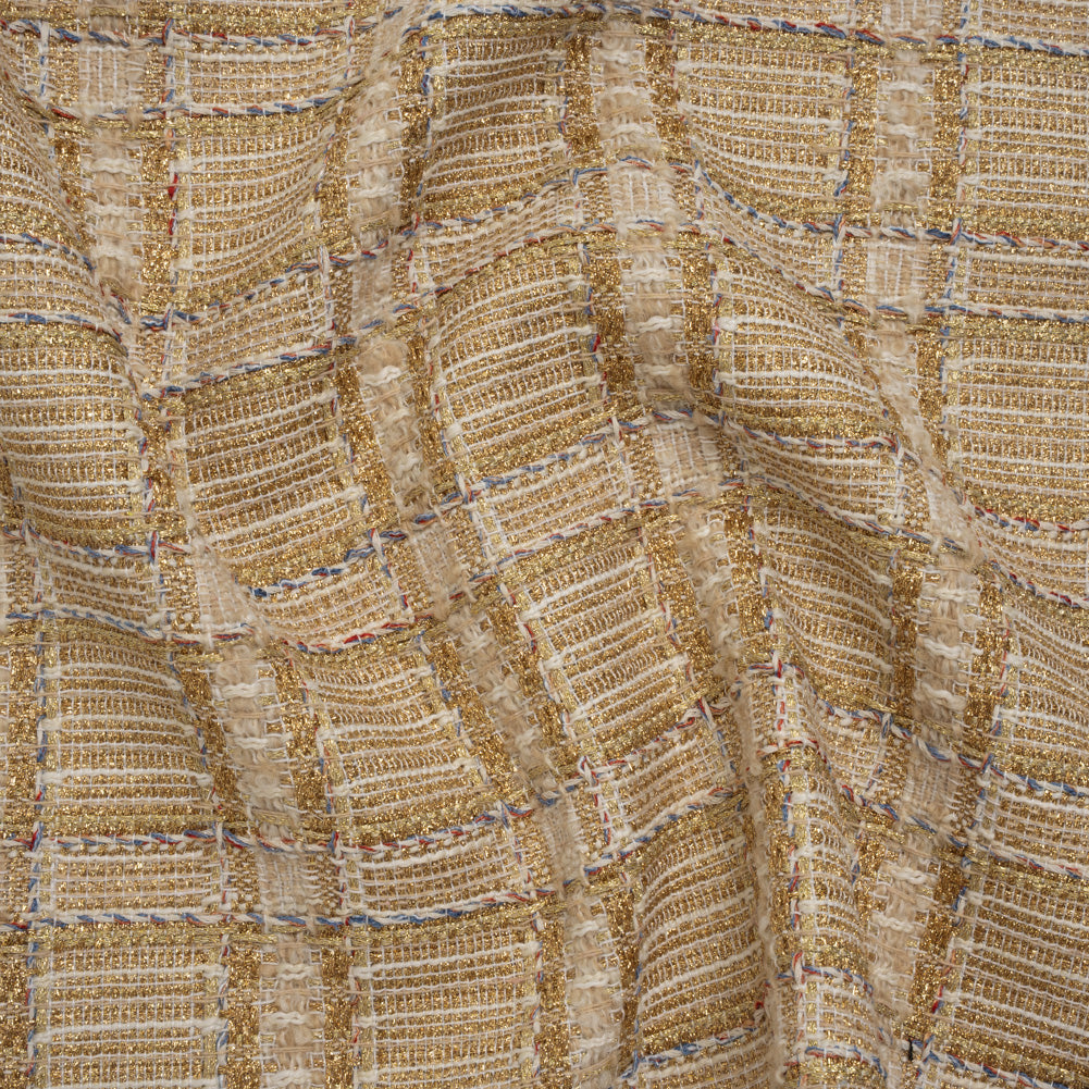 Metallic Polyester and Wool Tweed - Gold, Beige and Light Blue Subtle Plaid