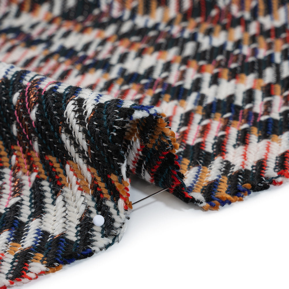 Polyester and Wool Blend Twill Tweed - Black, Yellow and Blue Plaid Detail