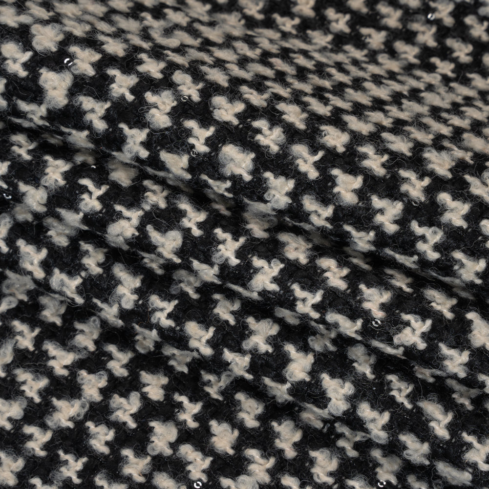 Polyester and Wool Blend Boucle Tweed with Baby Sequins - Black and White Checks Folded
