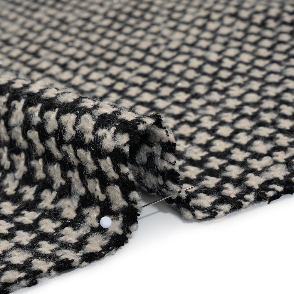 Polyester and Wool Blend Boucle Tweed with Baby Sequins - Black and White Checks Detail