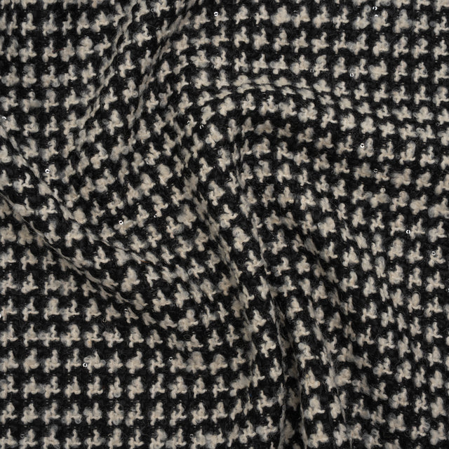Polyester and Wool Blend Boucle Tweed with Baby Sequins - Black and White Checks