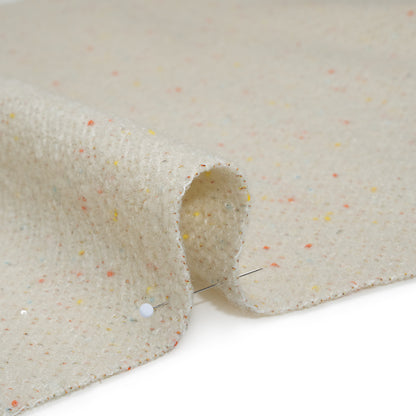 Wool Blend Chevron Twill Tweed with Clear Baby Sequins - Off White with Rainbow Flecks Detail