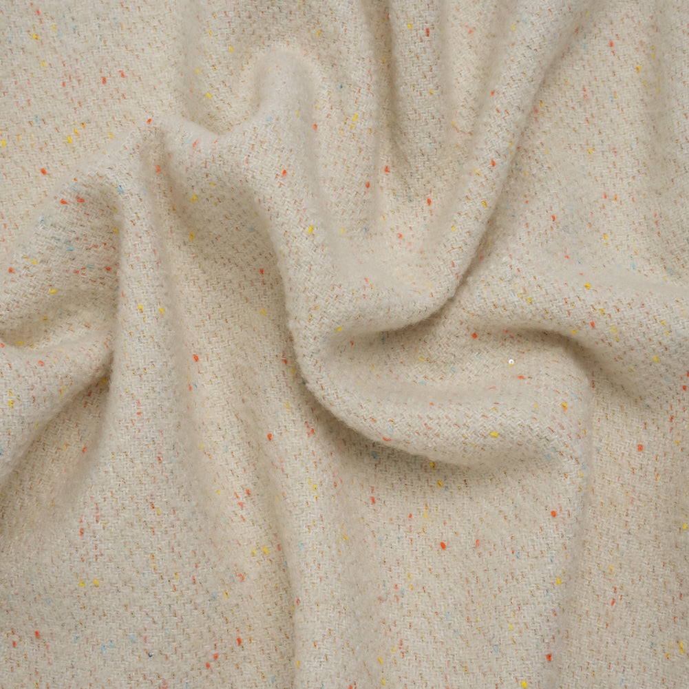 Wool Blend Chevron Twill Tweed with Clear Baby Sequins - Off White with Rainbow Flecks