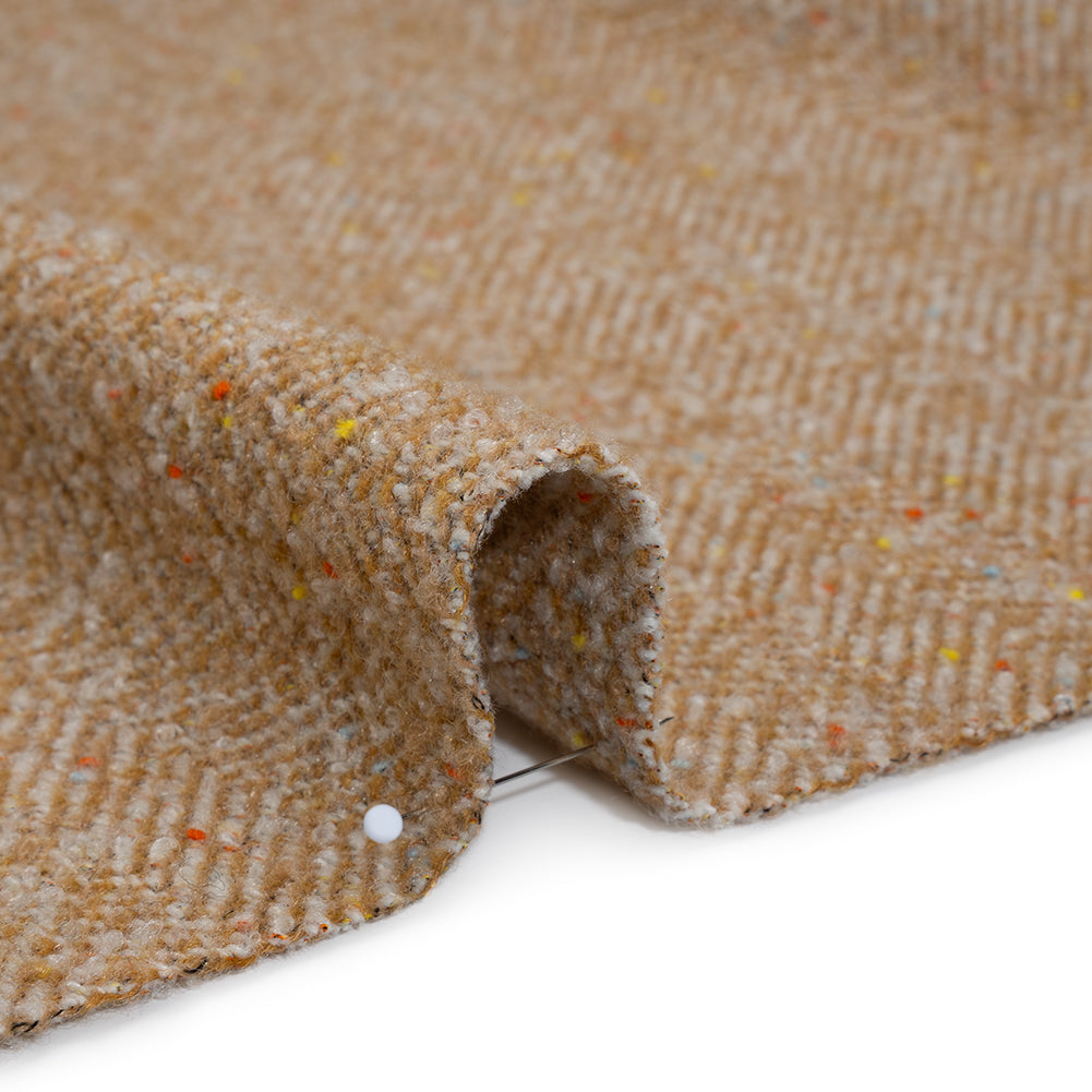 Wool Blend Chevron Twill Tweed with Clear Baby Sequins - Tan and White with Rainbow Flecks Detail