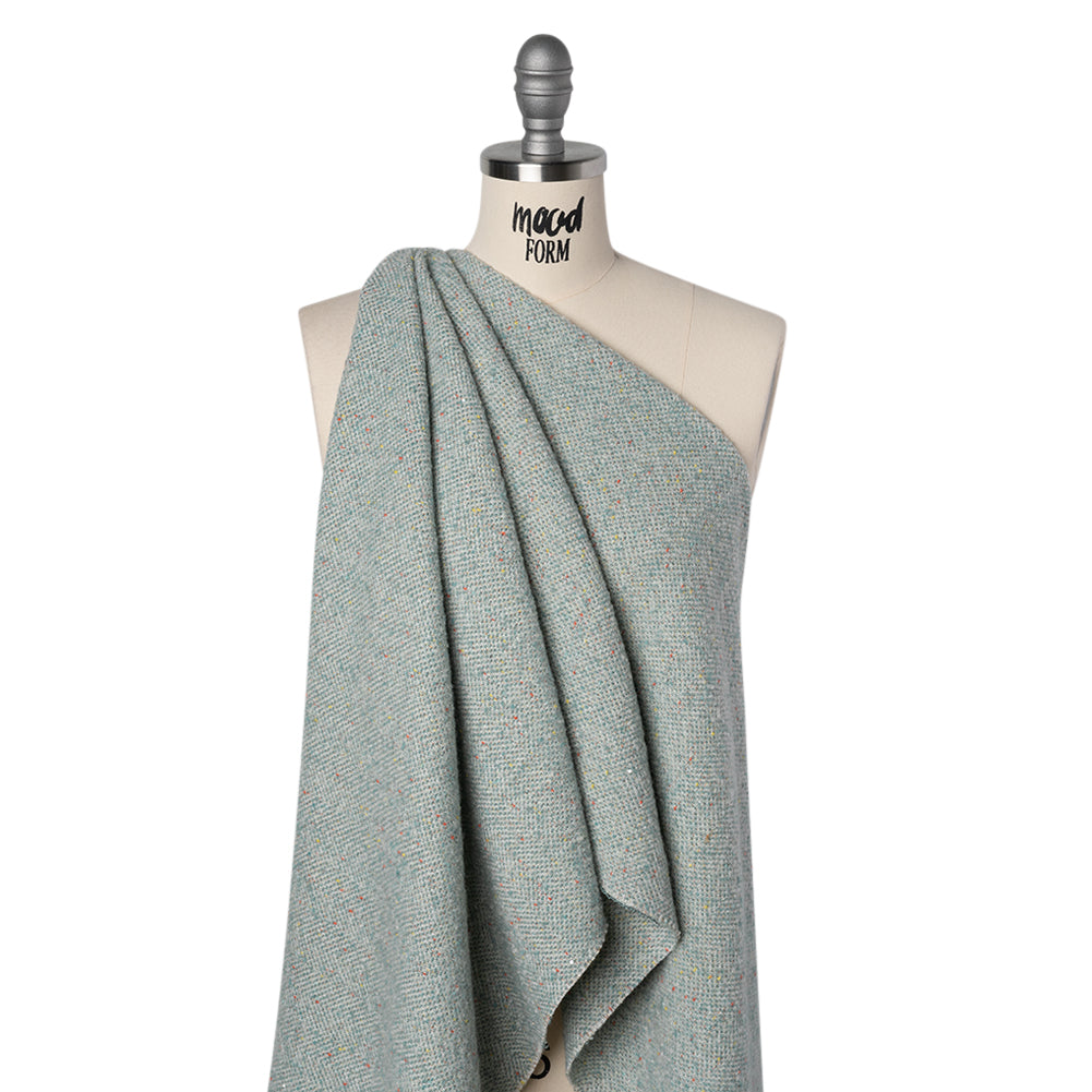 Wool Blend Chevron Twill Tweed with Clear Baby Sequins - Sky Blue and White with Rainbow Flecks Drape