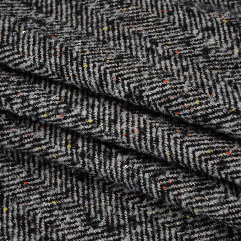 Wool Blend Chevron Twill Tweed with Clear Baby Sequins - Black and White with Rainbow Flecks Folded