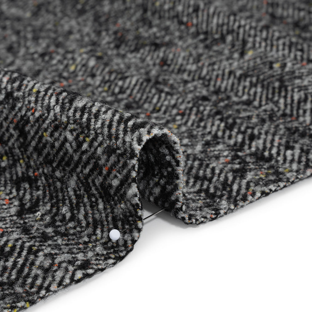 Wool Blend Chevron Twill Tweed with Clear Baby Sequins - Black and White with Rainbow Flecks Detail