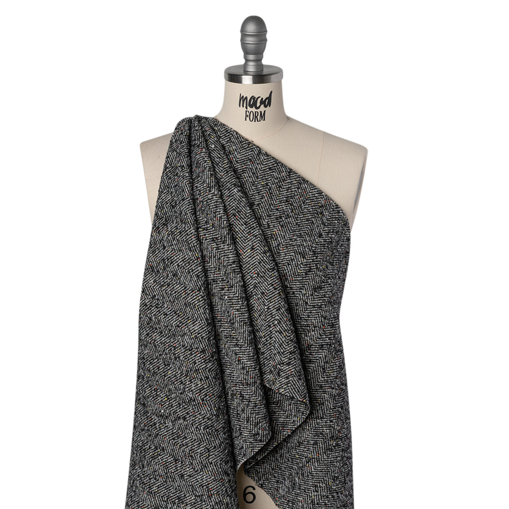 Wool Blend Chevron Twill Tweed with Clear Baby Sequins - Black and White with Rainbow Flecks Drape