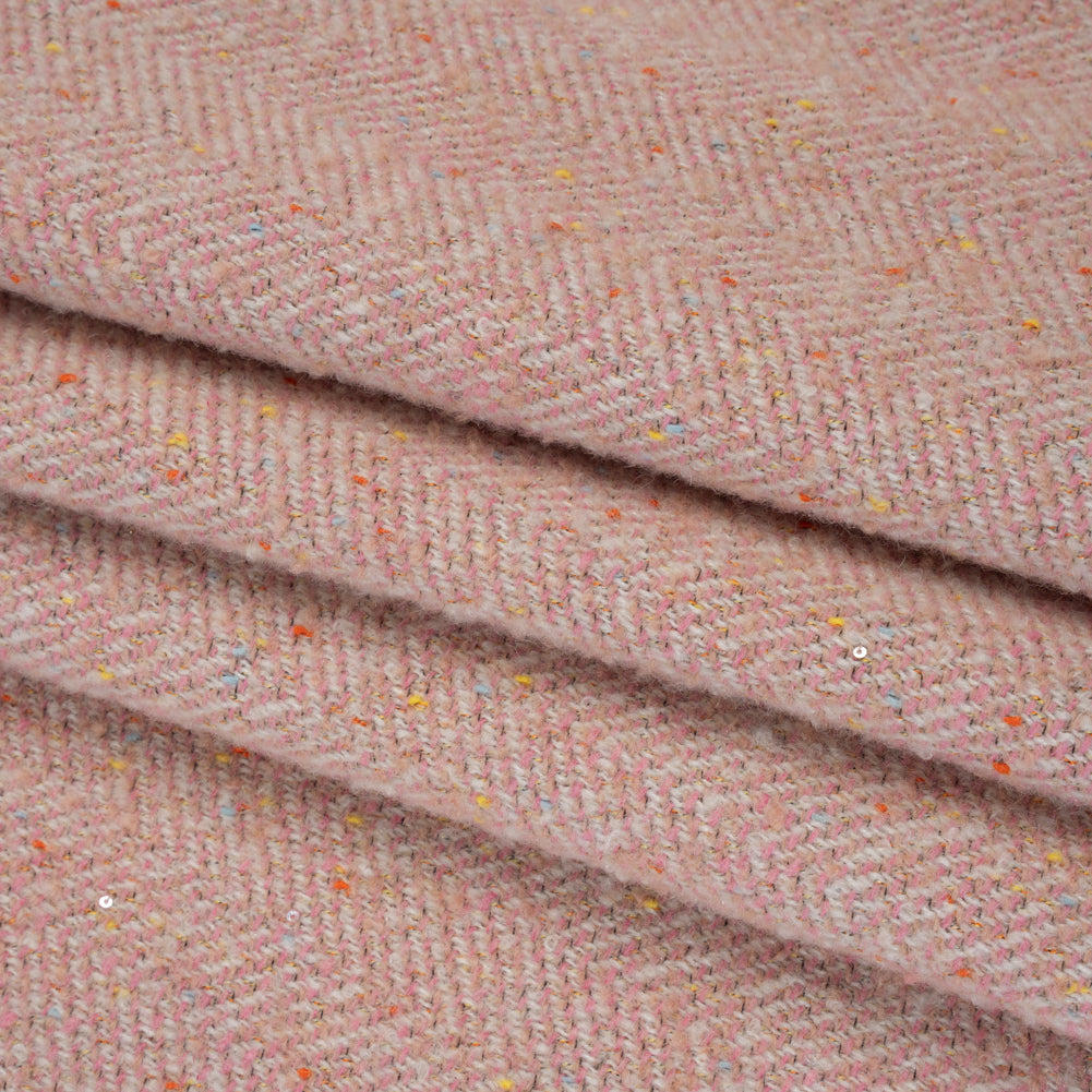 Wool Blend Chevron Twill Tweed with Clear Baby Sequins - Pink and White with Rainbow Flecks Folded