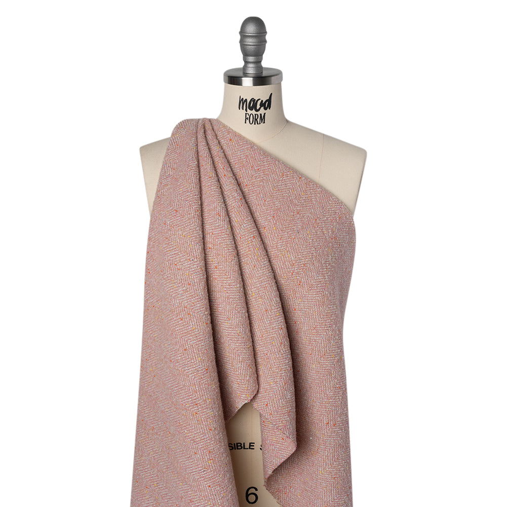 Wool Blend Chevron Twill Tweed with Clear Baby Sequins - Pink and White with Rainbow Flecks Drape