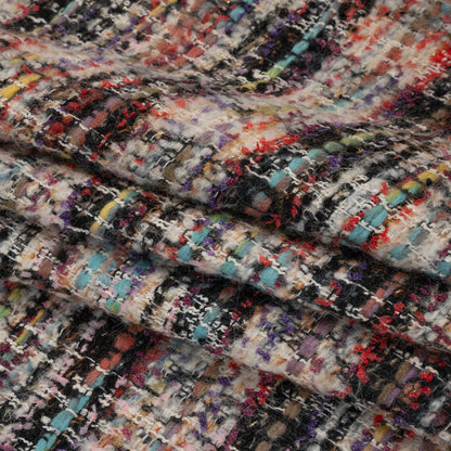 Textural Wool Blend Tweed with Metallic Accents - Black, White and Rainbow Plaid Folded