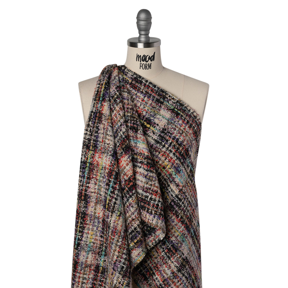 Textural Wool Blend Tweed with Metallic Accents - Black, White and Rainbow Plaid Drape