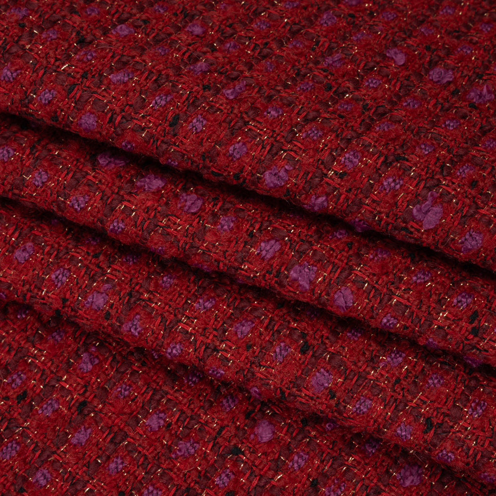 Wool Blend Tweed with Metallic Gold Accents - Red, Burgundy and Fuchsia Plaid Folded
