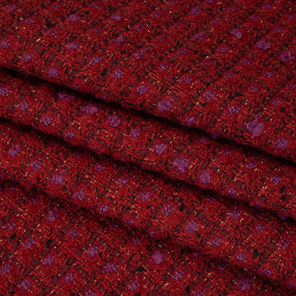 Wool Blend Tweed with Metallic Gold Accents - Red, Burgundy and Fuchsia Plaid Folded