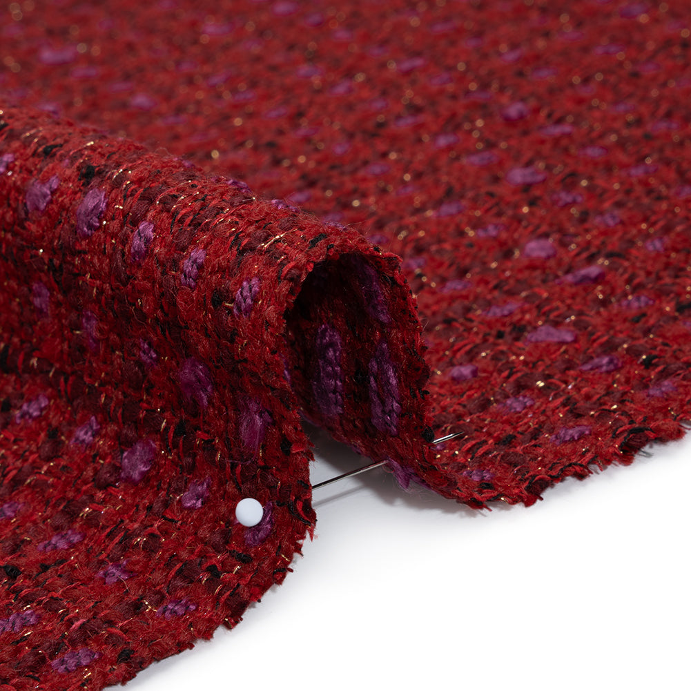 Wool Blend Tweed with Metallic Gold Accents - Red, Burgundy and Fuchsia Plaid Detail
