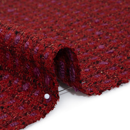 Wool Blend Tweed with Metallic Gold Accents - Red, Burgundy and Fuchsia Plaid Detail
