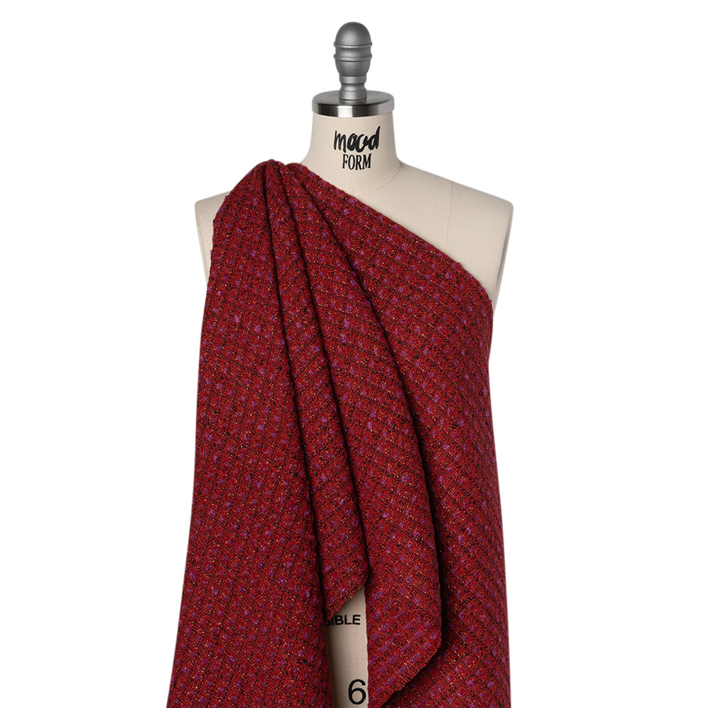 Wool Blend Tweed with Metallic Gold Accents - Red, Burgundy and Fuchsia Plaid Drape