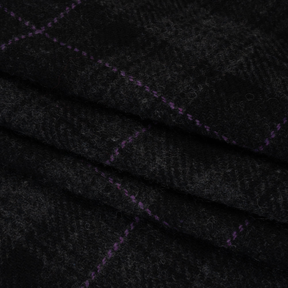 Wool Blend Twill Tweed - Black, Gray and Purple Plaid Folded