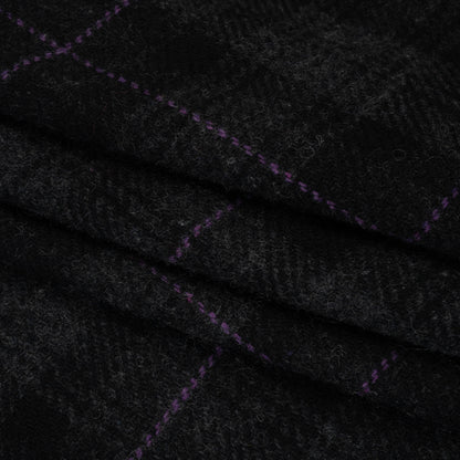 Wool Blend Twill Tweed - Black, Gray and Purple Plaid Folded