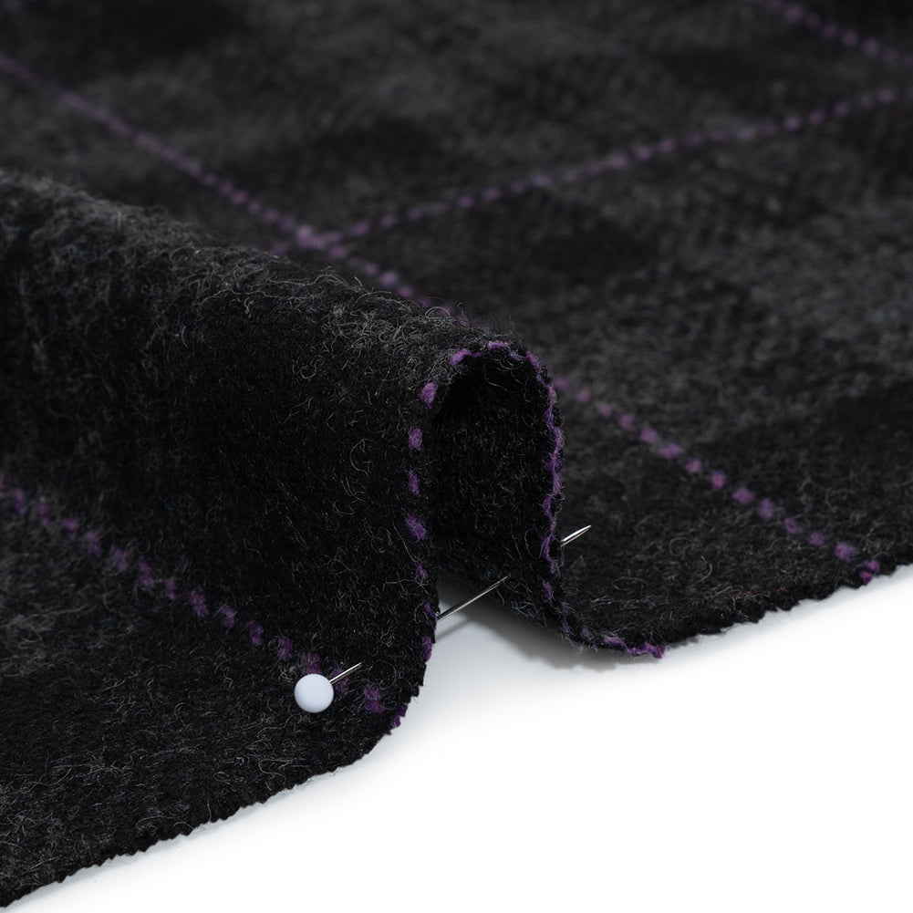 Wool Blend Twill Tweed - Black, Gray and Purple Plaid Detail