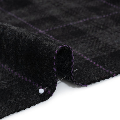 Wool Blend Twill Tweed - Black, Gray and Purple Plaid Detail