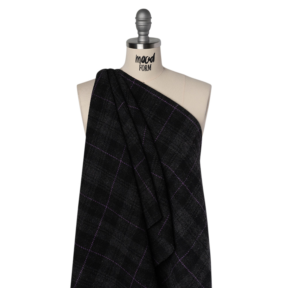 Wool Blend Twill Tweed - Black, Gray and Purple Plaid Drape