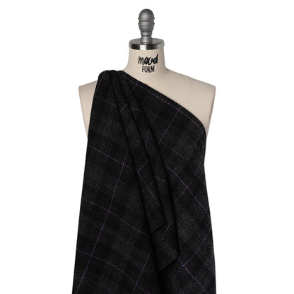 Wool Blend Twill Tweed - Black, Gray and Purple Plaid Drape