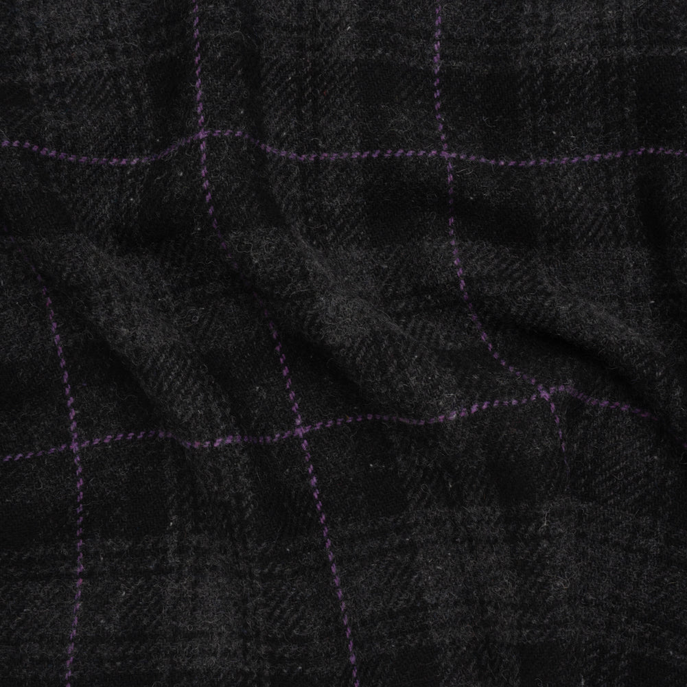 Wool Blend Twill Tweed - Black, Gray and Purple Plaid