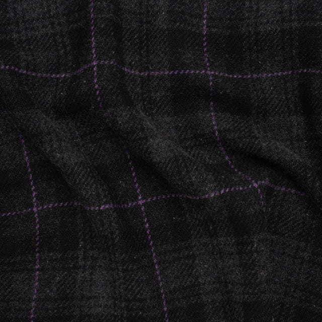 Wool Blend Twill Tweed - Black, Gray and Purple Plaid